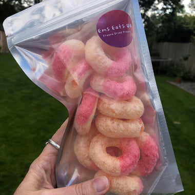 Photo of a bag of freeze dried peach rings